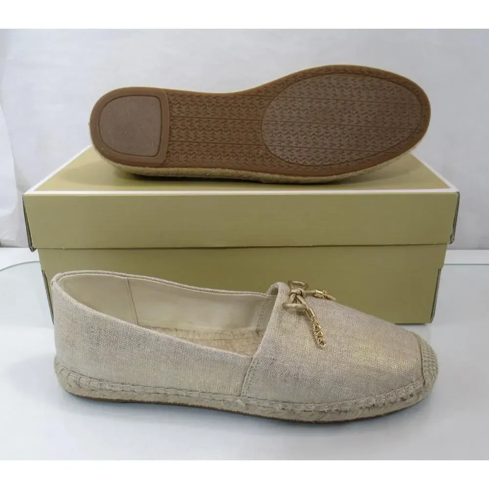 Michael Kors Nori Slip On Size 7 Espadrille MK Logo Metallic Linen Pale Gold